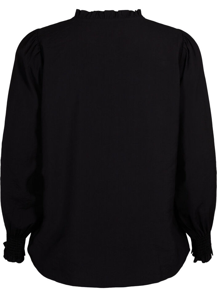 Bluse med flæser og broderi anglaise, Black, Packshot image number 1