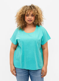 Kortærmet bluse i bomuldsmix med hør, Turquoise, Model
