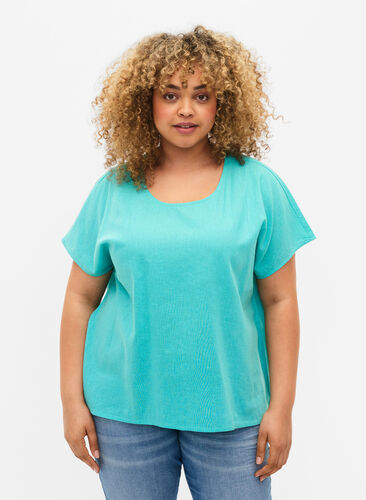 Kortærmet bluse i bomuldsmix med hør, Turquoise, Model image number 0