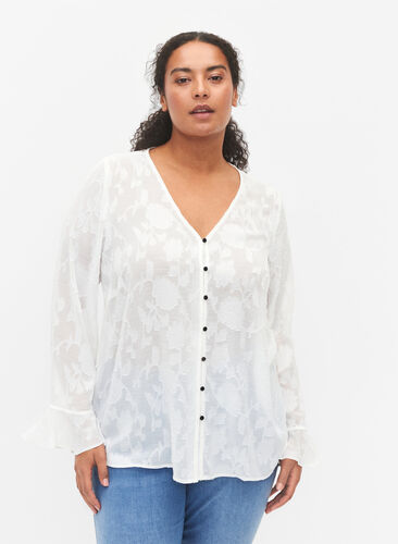 Langærmet skjorte med jacquard look, Bright White, Model image number 0