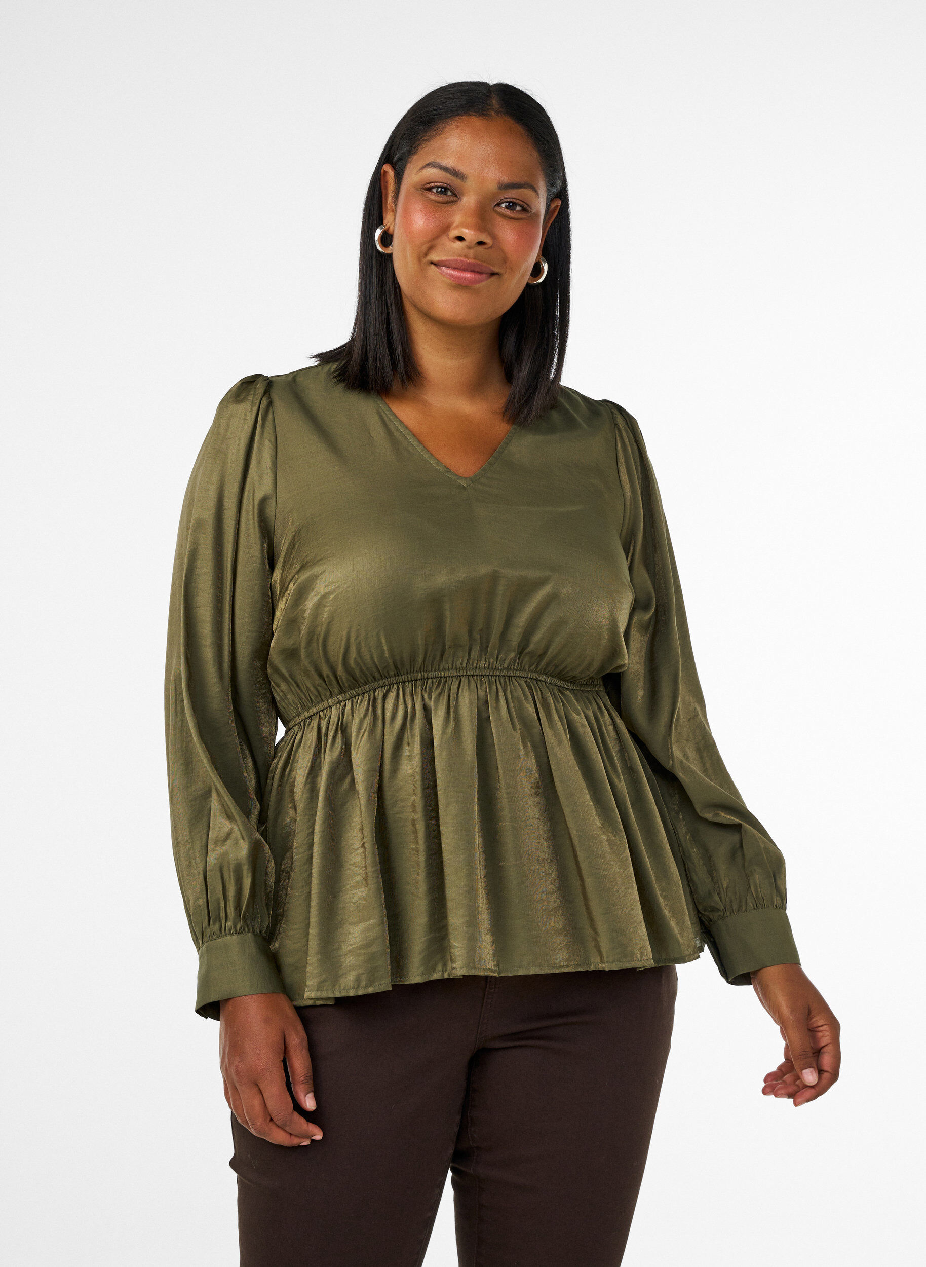 Glansfuld viskosebluse med peplum-effekt, Gr&oslash;n, Model