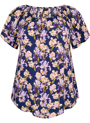 Blomstret viskose bluse med korte ærmer, Small Flower AOP, Packshot image number 0