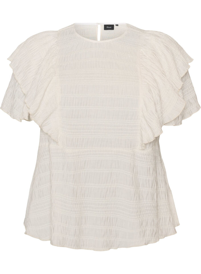 Bluse med smock-struktur og fl&aelig;se&aelig;rmer, Vanilla, Packshot image number 0