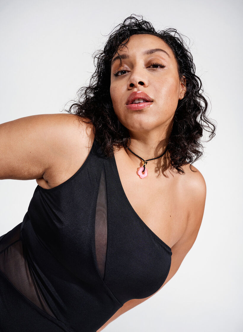 One-shoulder badedragt med mesh, Black, Image image number 0