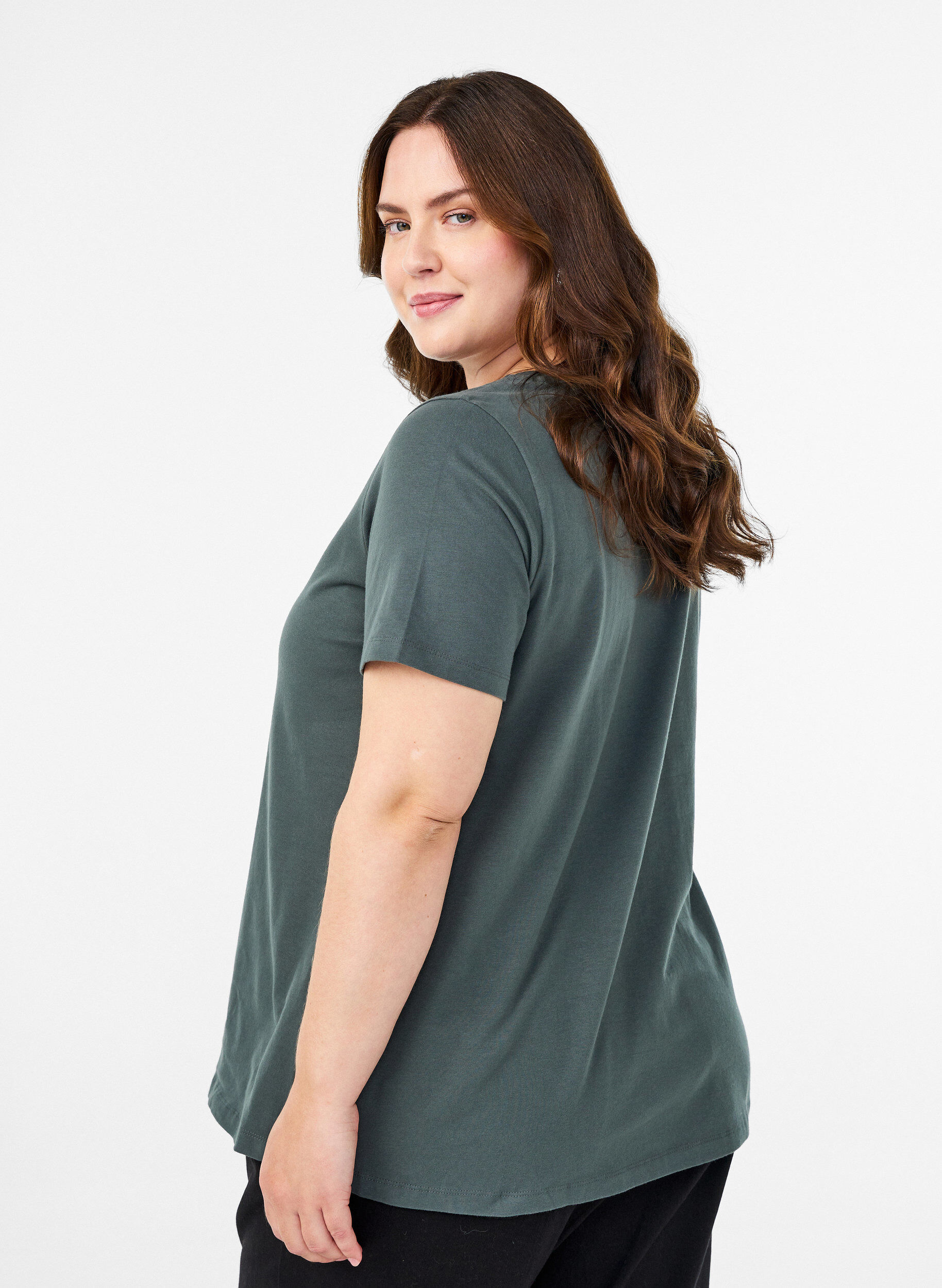 ZizziEnsfarvet basis t-shirt i bomuld, Gr&oslash;n, Model image number 2