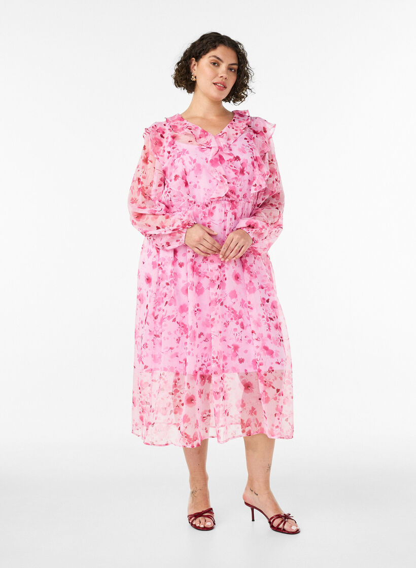 Blomstret chiffonkjole med fl&aelig;ser og lange &aelig;rmer, Lyser&oslash;d, Model image number 0