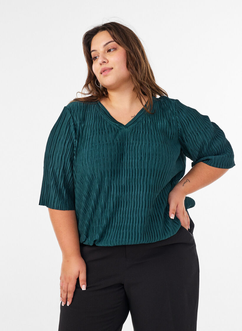 Bluse med b&oslash;lget struktur og ballonform, Gr&oslash;n, Model image number 0