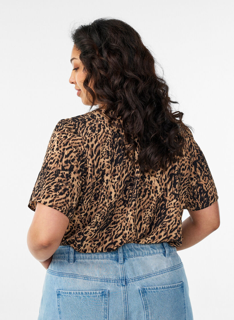 Bluse med korte &aelig;rmer og v-udsk&aelig;ring , Brun, Model image number 2