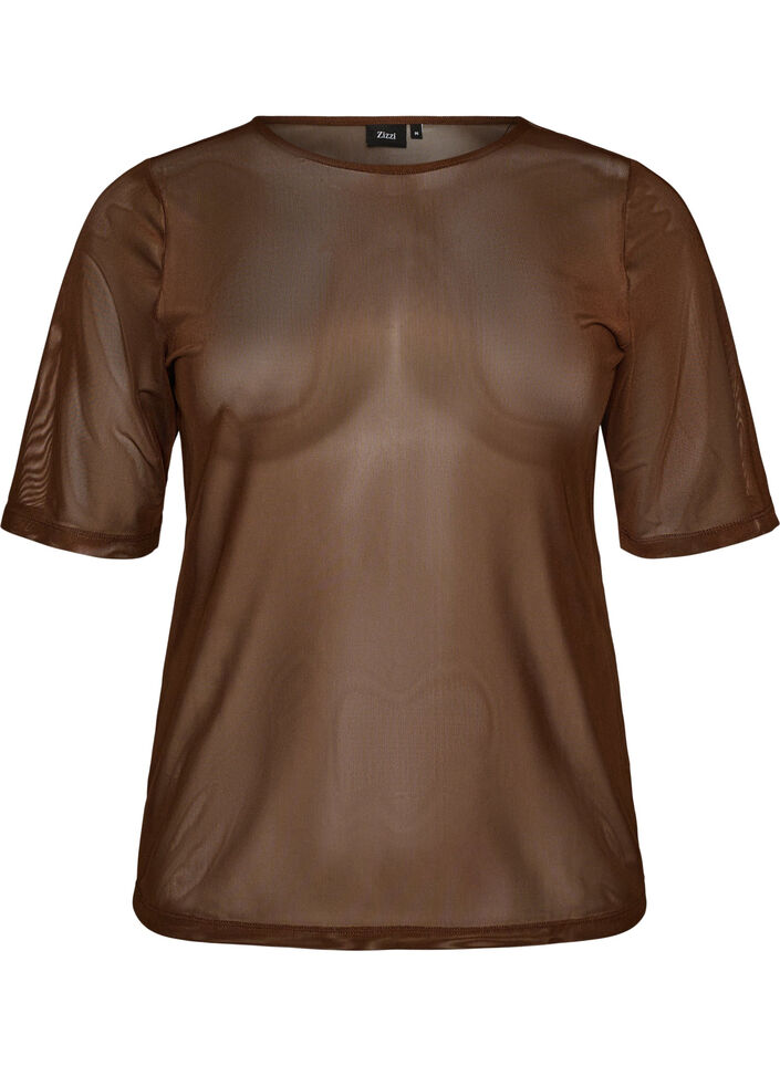 Meshbluse med korte &aelig;rmer og rund hals, Brun, Packshot image number 0