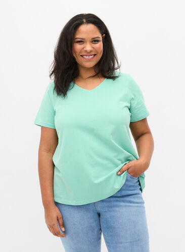 Basis t-shirt med v-hals, Dusty Jade Green, Model image number 0