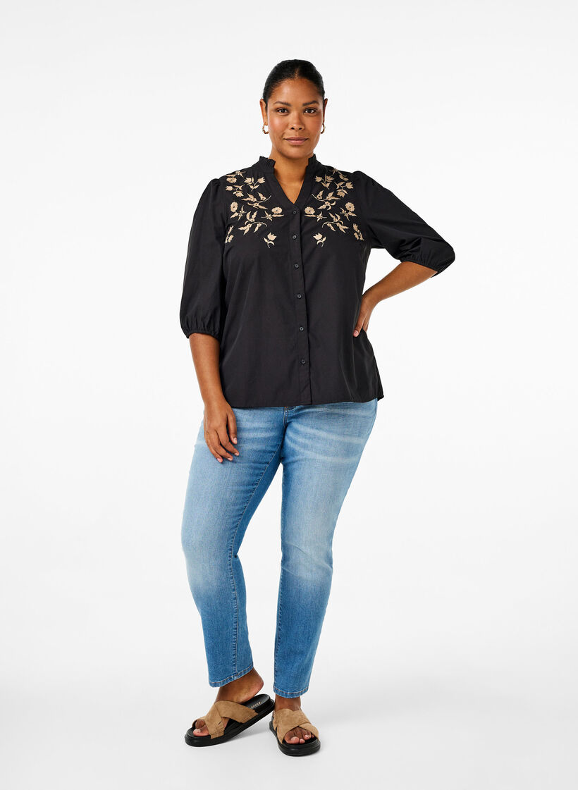 Skjortebluse med broderede blomster og 3/4 ærmer, Black W. Beige Emb. , Model image number 2