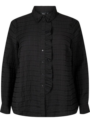 Skjorte med struktur og flæsedetalje, Black, Packshot image number 0
