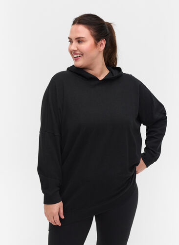 Bomulds sweatshirt med hætte og high-low, Black, Model image number 0