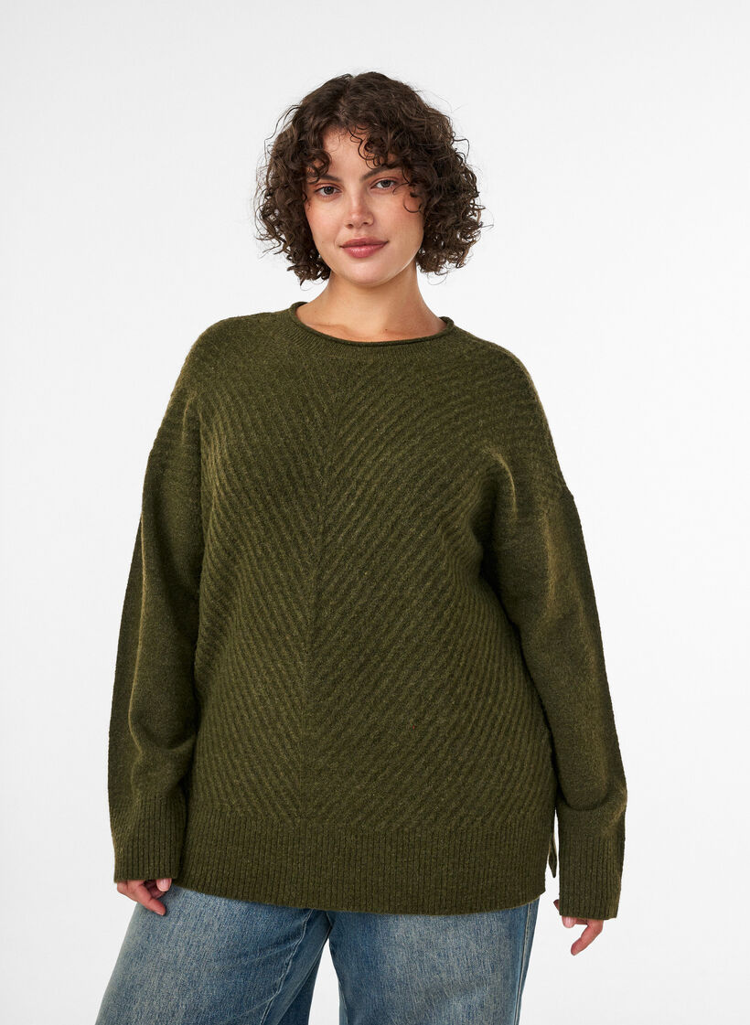 Strikbluse med V-formet ribm&oslash;nster og slidser, Gr&oslash;n, Model image number 0