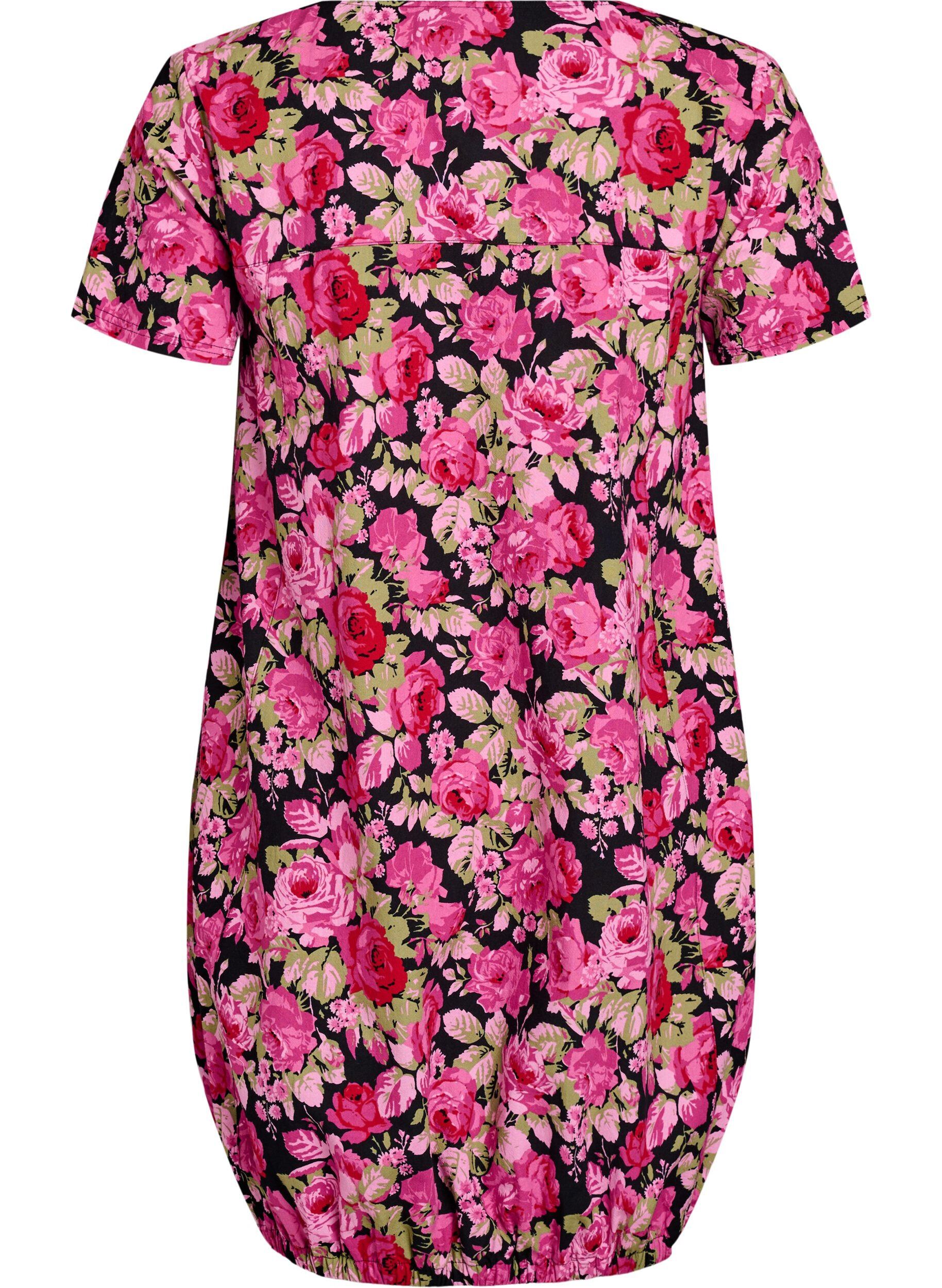 Zizzi Kort&aelig;rmet bomuldskjole med print, Sort, Packshot image number 1