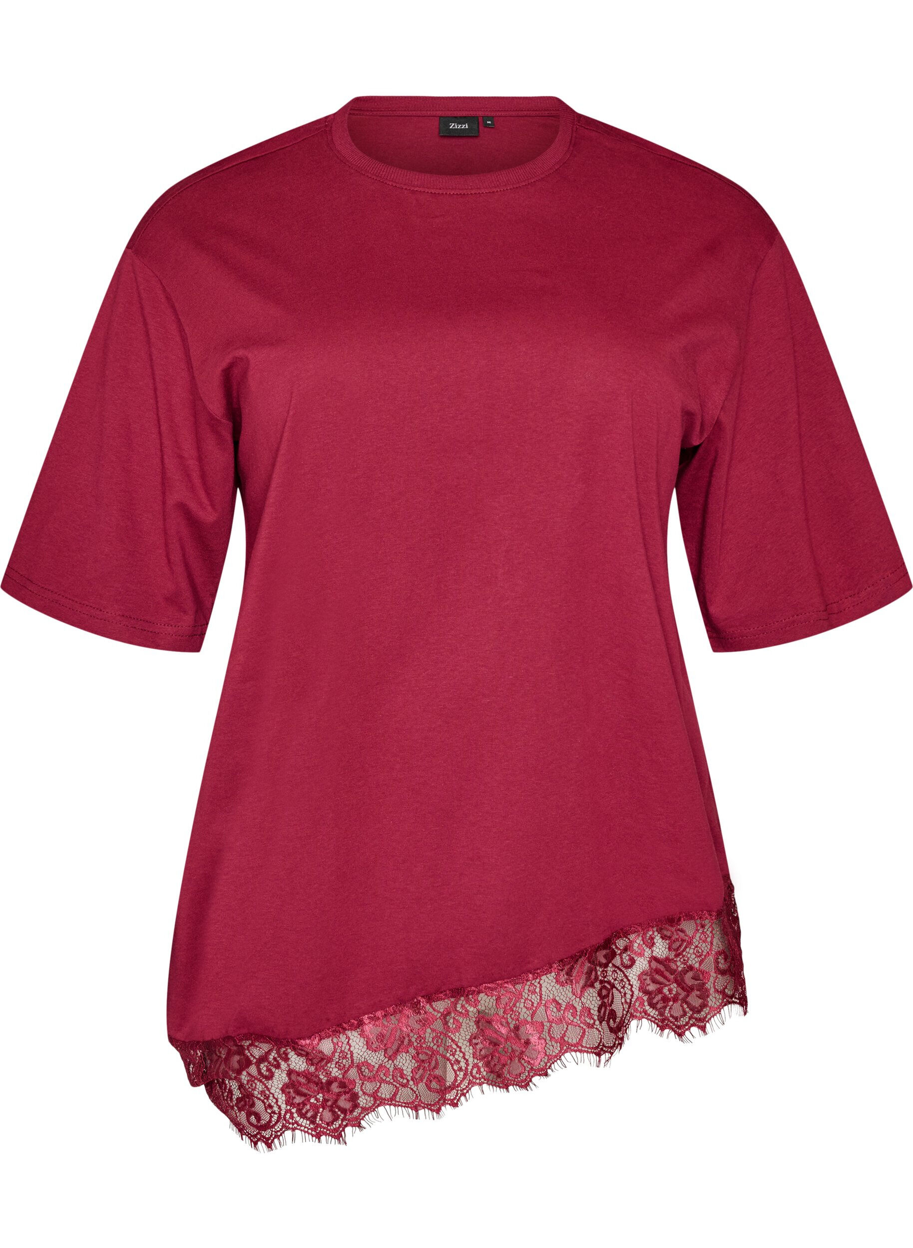 ZizziT-shirt med asymmetrisk blondekant, R&oslash;d, Packshot image number 0