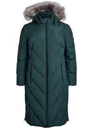 Lang vinterjakke med hætte og imiteret pelskrave, Grøn