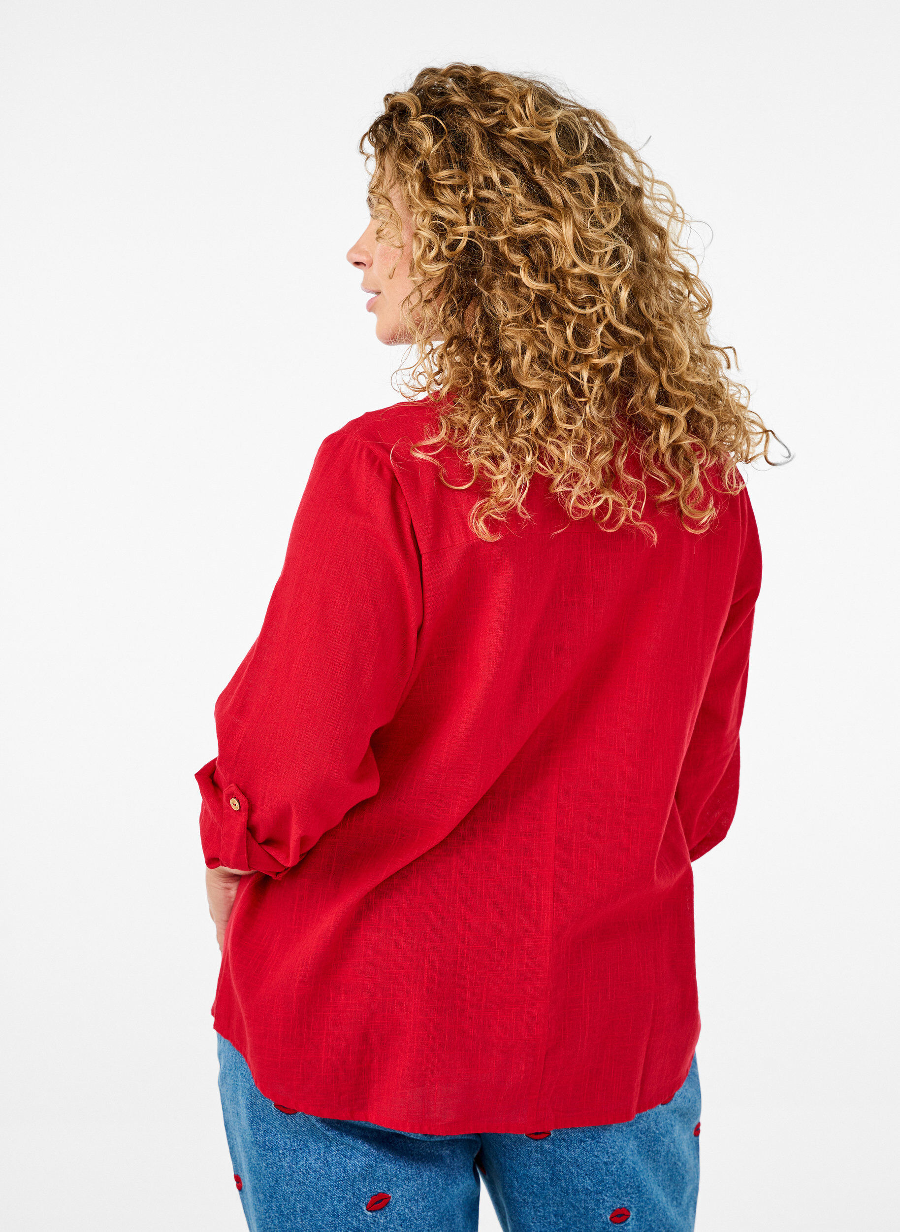 ZizziSkjortebluse i bomuld med v-udsk&aelig;ring, R&oslash;d, Model image number 2