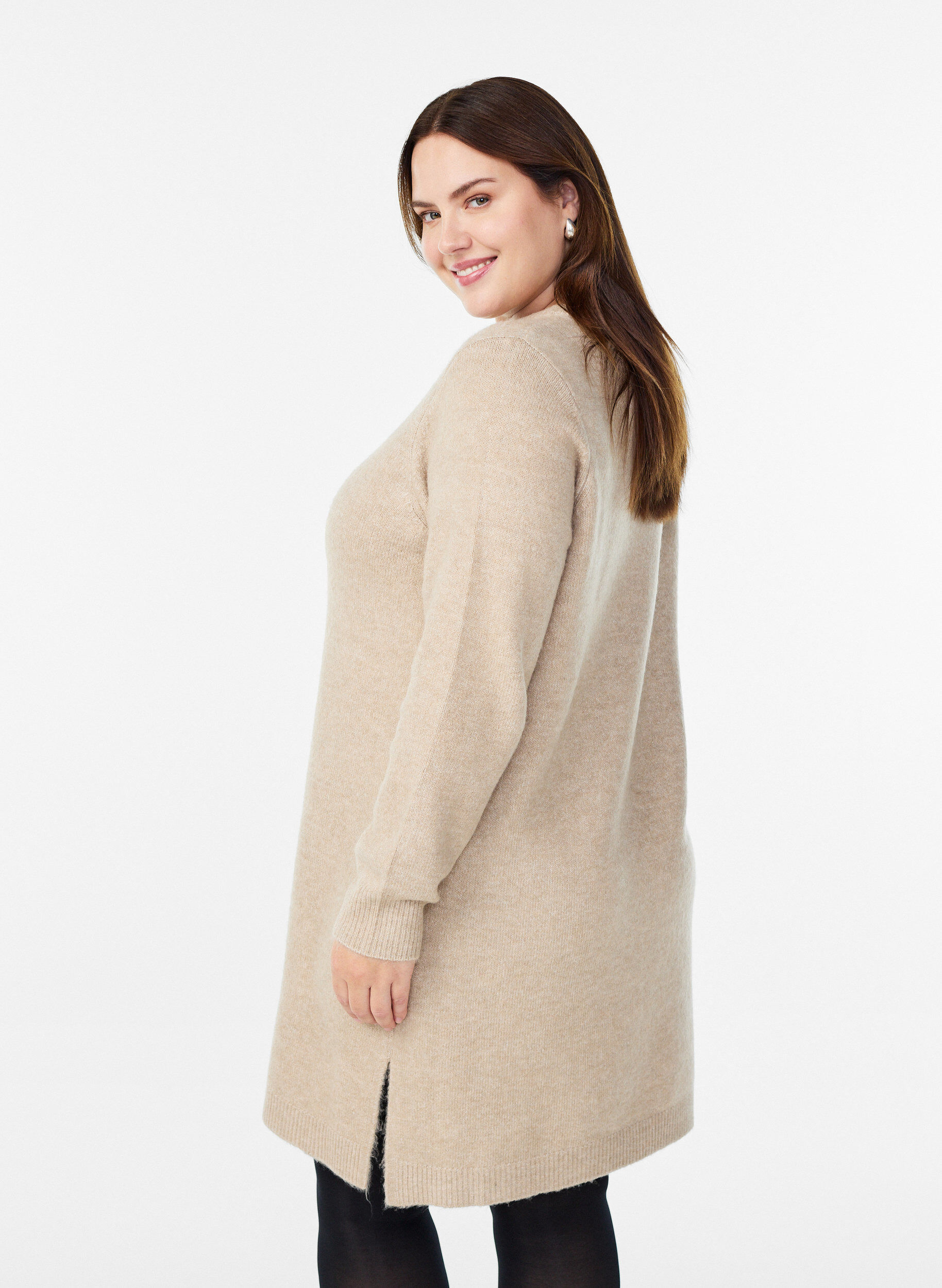 Zizzi Kort strikkjole med rhinsten, Beige, Model image number 2
