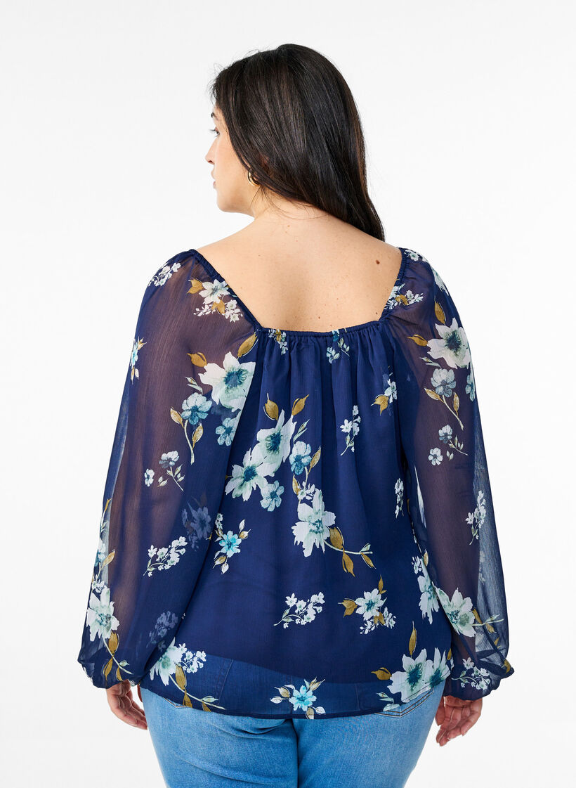 Chiffonbluse med blomster og lange ærmer , Blå, Model image number 2
