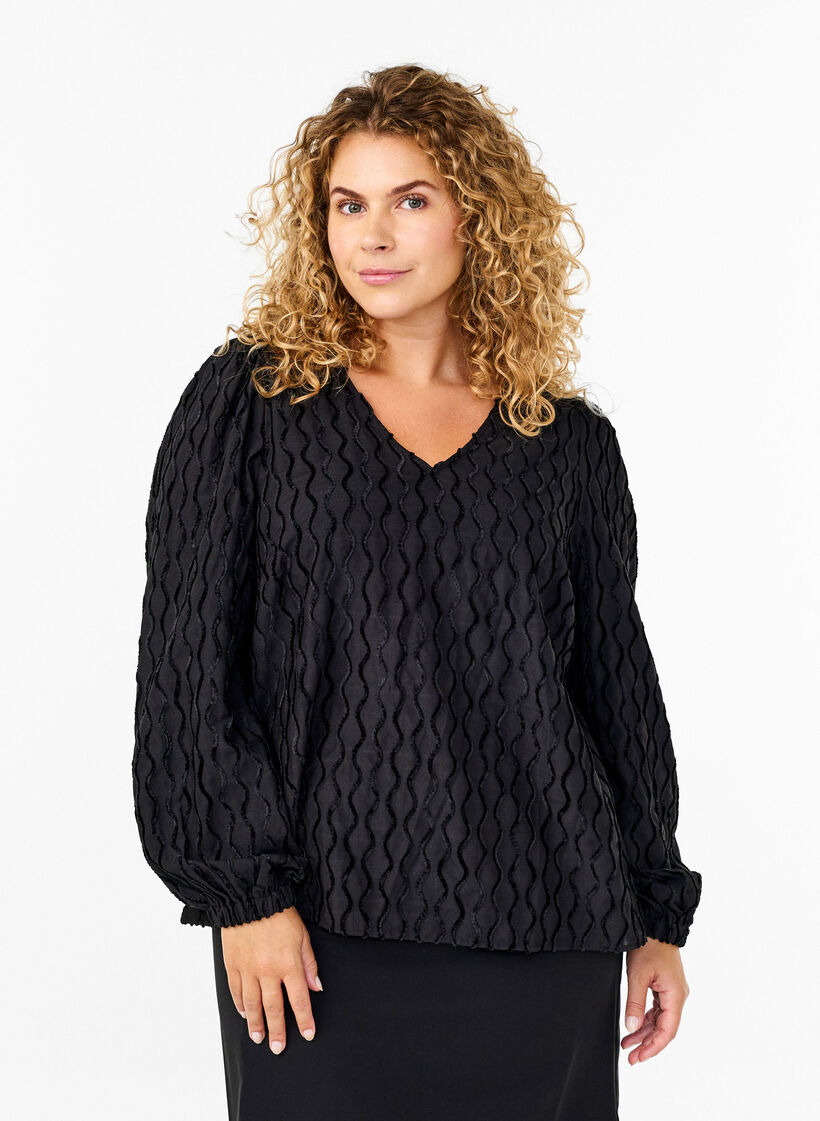 Langærmet bluse med mønster og V-hals, Black, Model image number 0