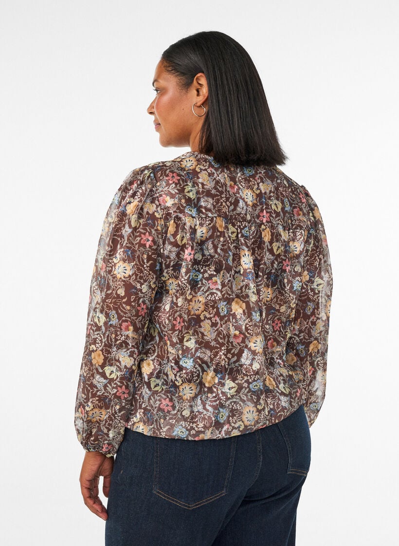 Bluse med blomsterprint og balloneffekt, Brun, Model image number 2
