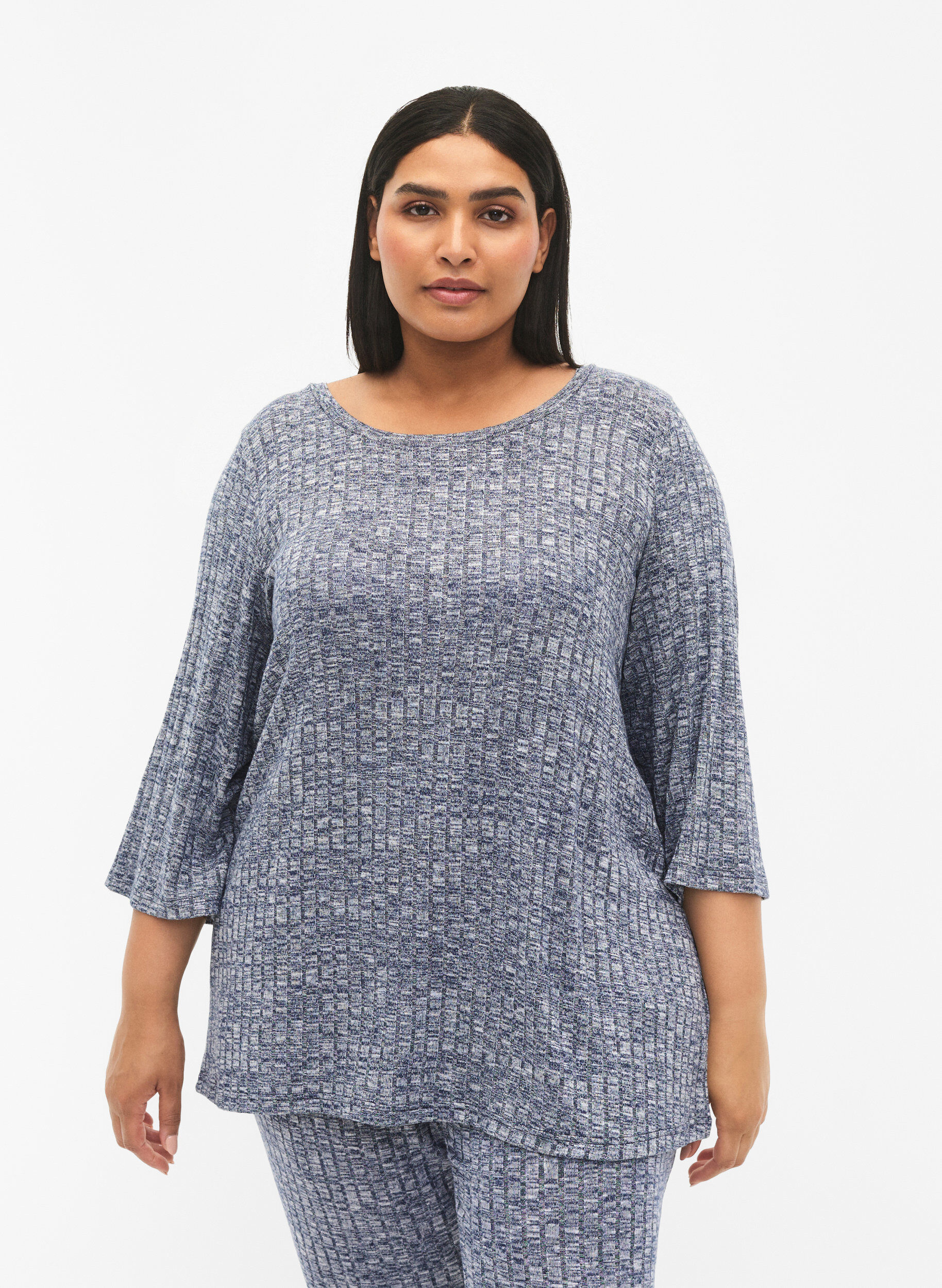 Zizzi Meleret bluse med rund hals og 3/4 &aelig;rmer, Dress Blues Mel., Model image number 0