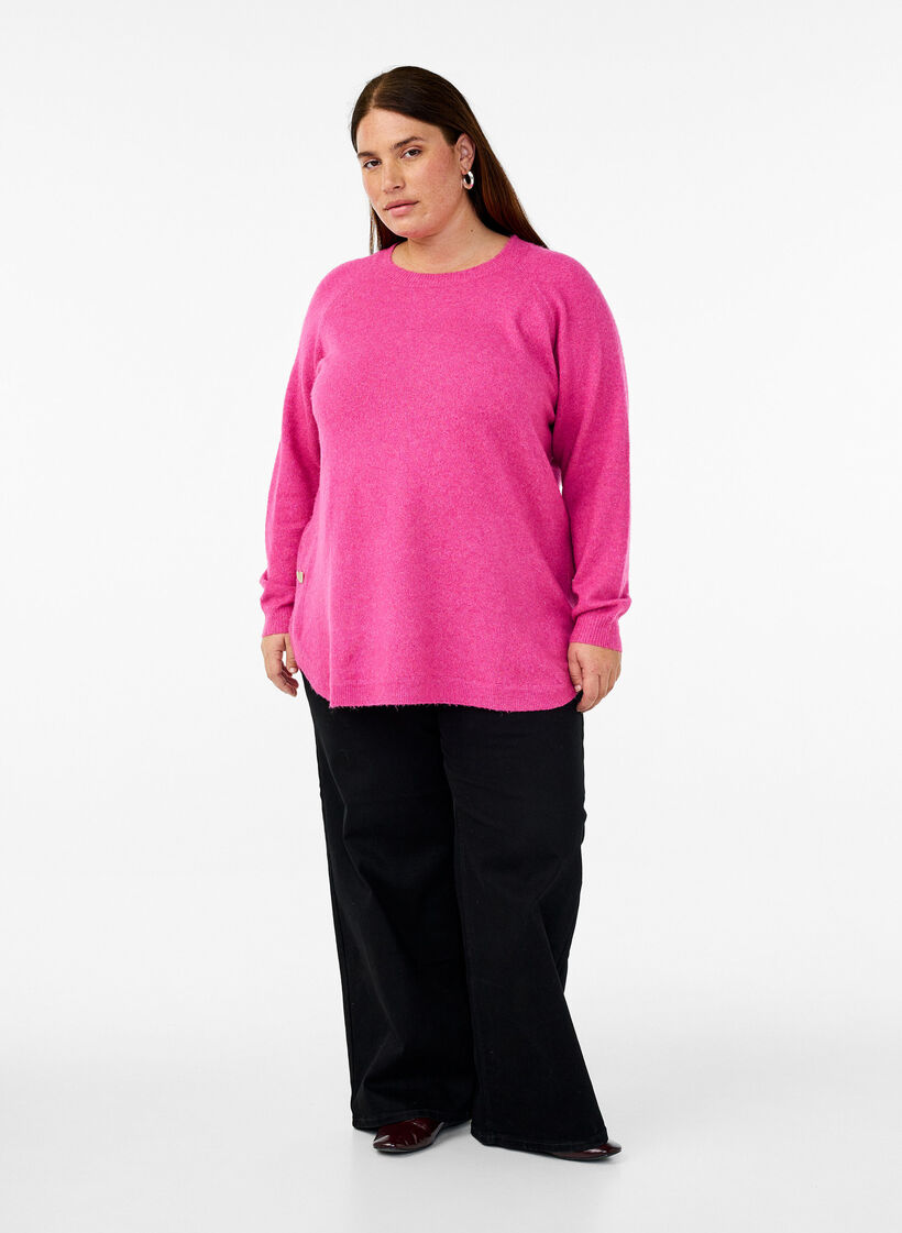 Lang strikbluse med knapdetalje i siden, Raspberry Rose Mel., Model image number 2