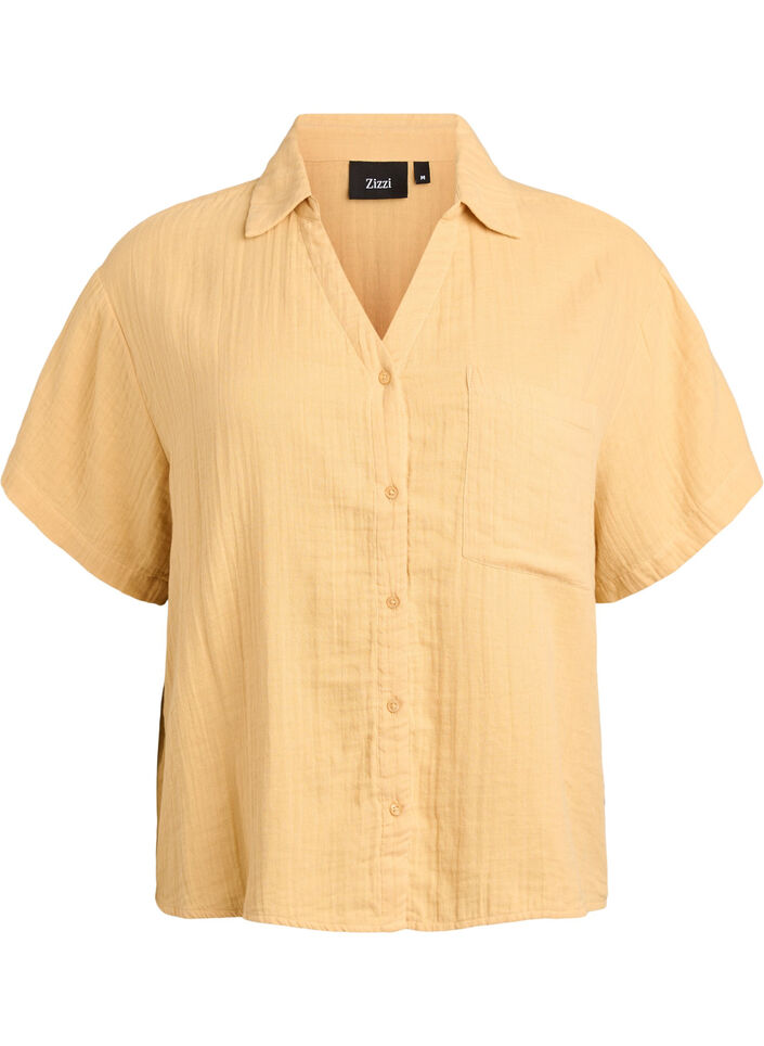 Skjortebluse i bomuldsmusselin med korte &aelig;rmer, Gul, Packshot image number 0