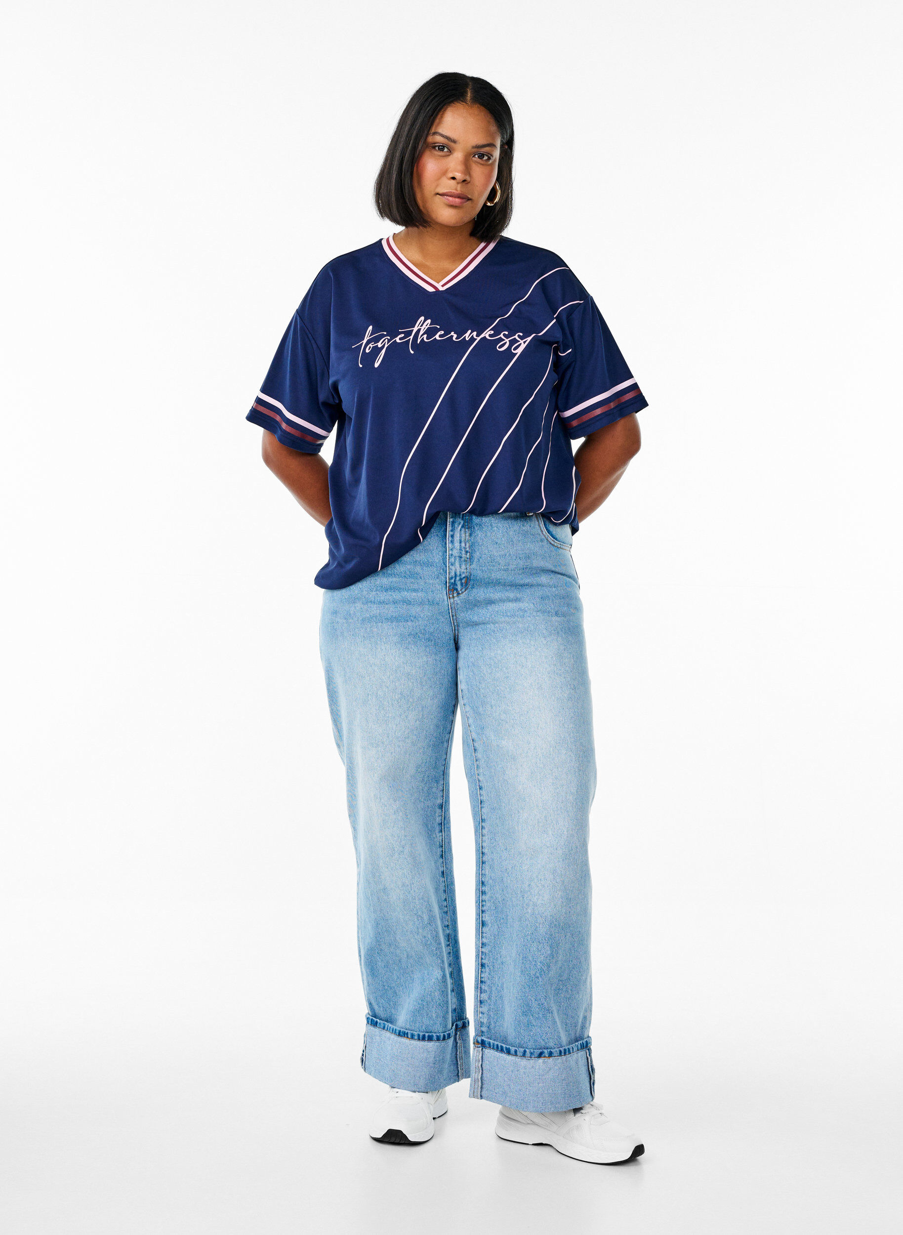 Zizzi Sporty t-shirt med striber og tekstmotiv , Bl&aring;, Model image number 1