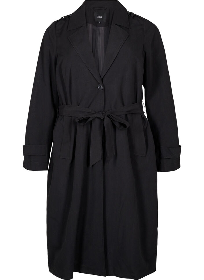 Lang trenchcoat med bælte, Black, Packshot image number 0