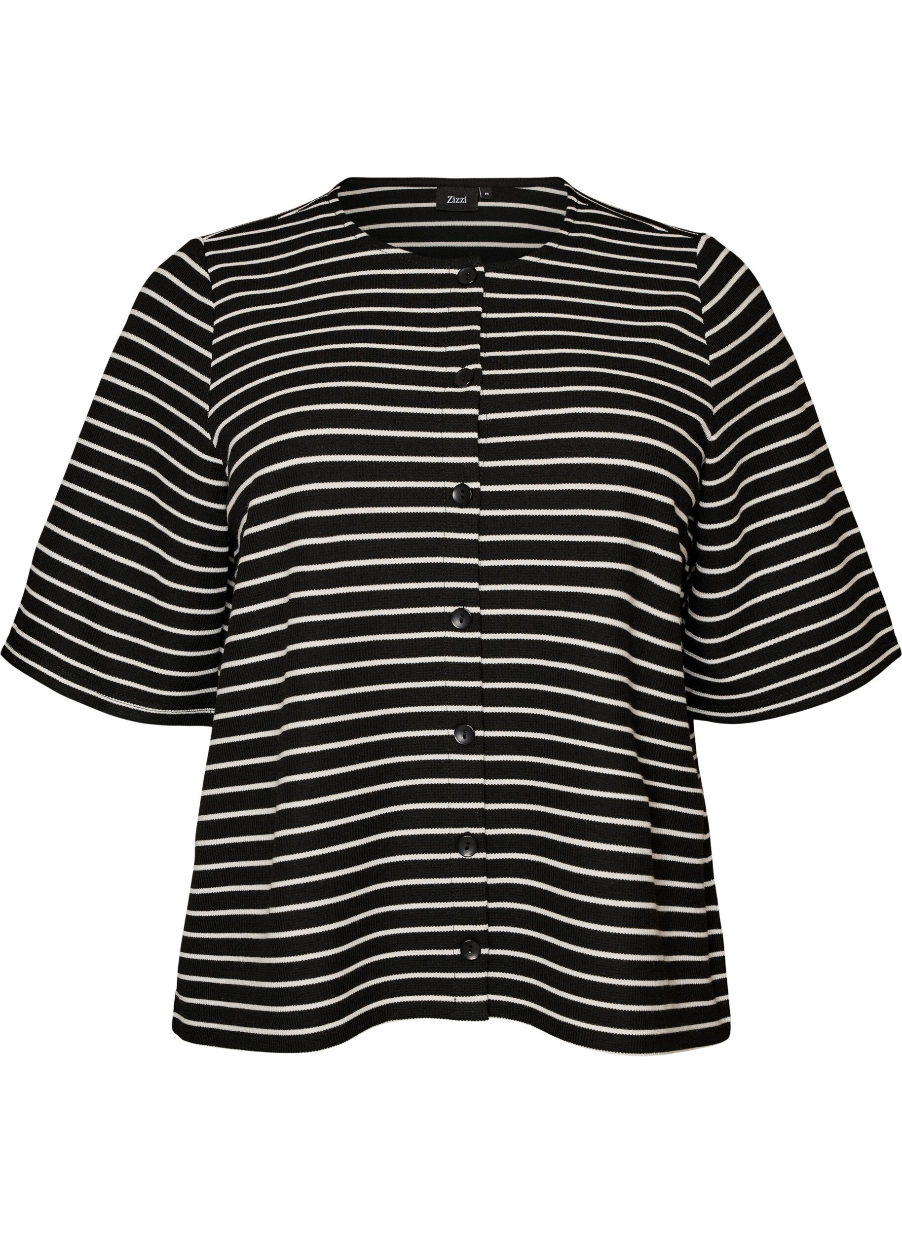 ZizziBluse med ribbet struktur og knaplukning, Sort, Packshot image number 0