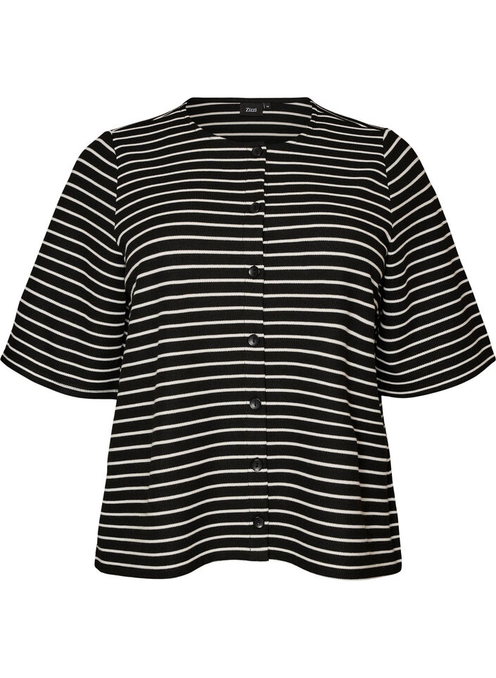 Bluse med ribbet struktur og knaplukning, Sort, Packshot image number 0