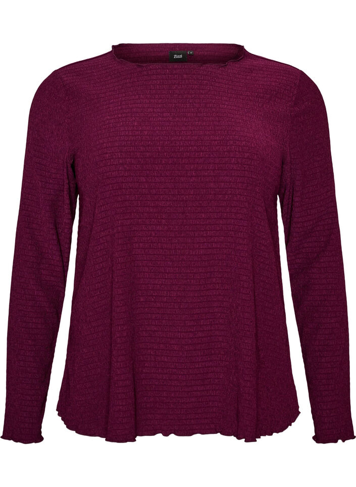 Bluse med struktur og b&oslash;lgede kanter, Lilla, Packshot image number 0