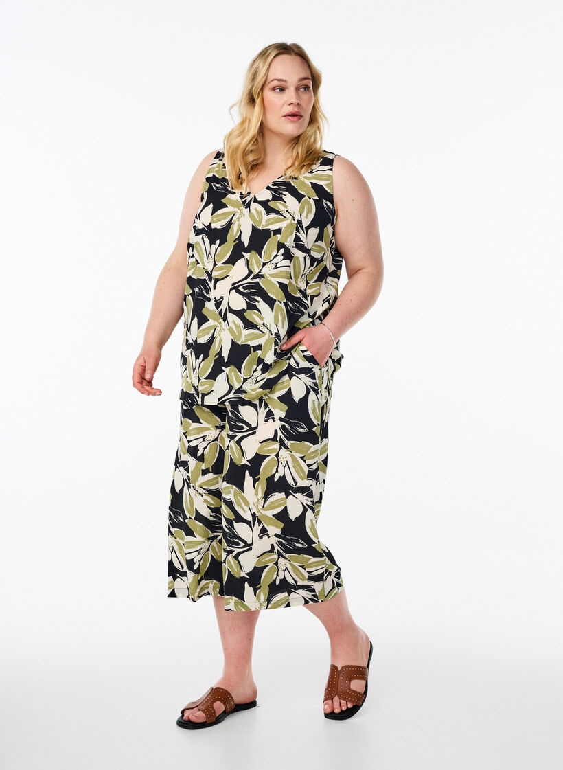 Printet top med v-hals , Sort, Model image number 1