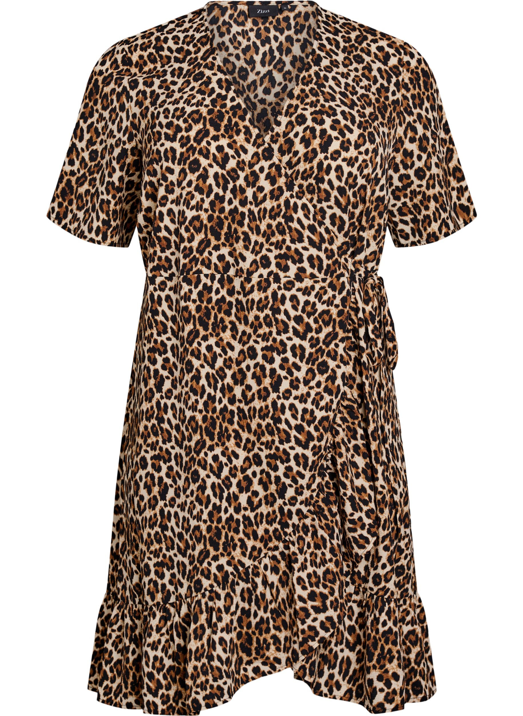 Zizzi Printet wrapkjole med korte &aelig;rmer, Brun, Packshot image number 0