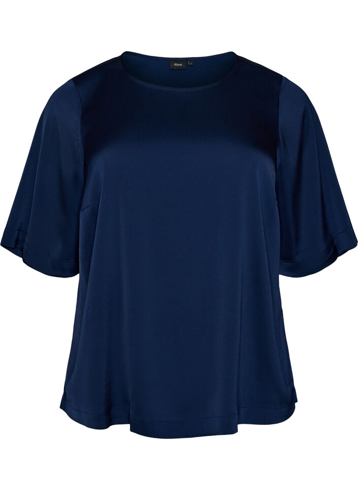 Satinbluse med albuelange &aelig;rmer, Bl&aring;, Packshot image number 0