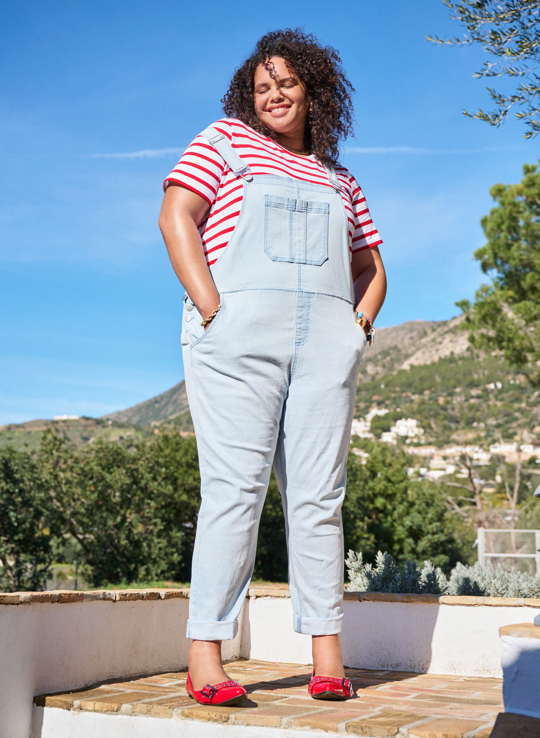 Stribede denim overalls