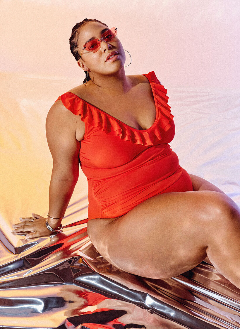 Badedragt med flæser og udtagelige indlæg, Orange, Image image number 1