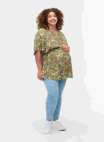 Blomstret graviditets bluse i viskose, Green Flower Print, Model image number 2
