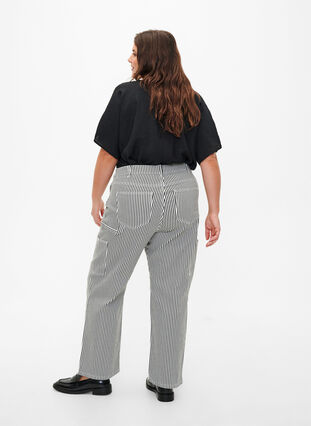 Stribede cargo jeans med straight fit, Black White Stripe, Model image number 1