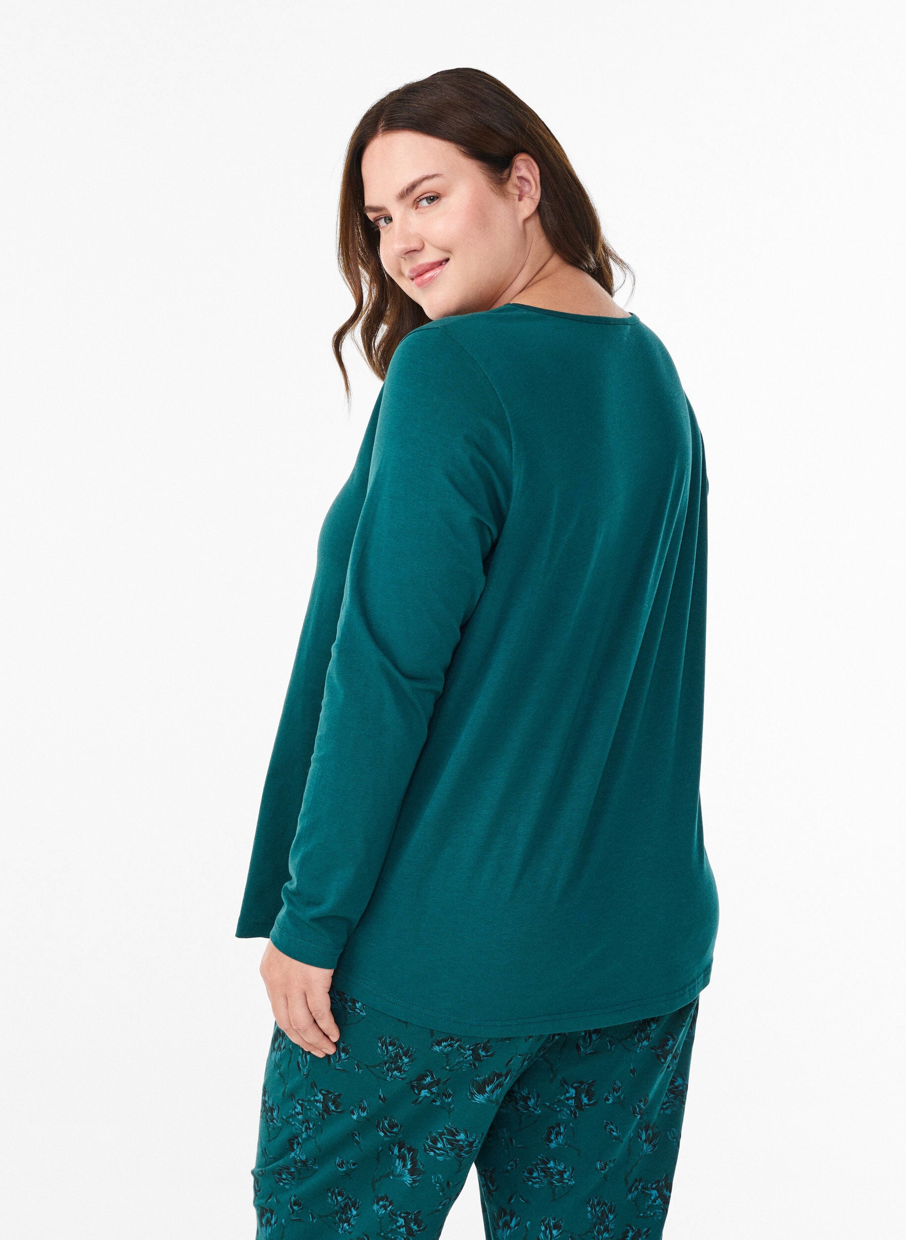 ZizziNatbluse i bomuld med frontmotiv, Turkis, Model image number 2