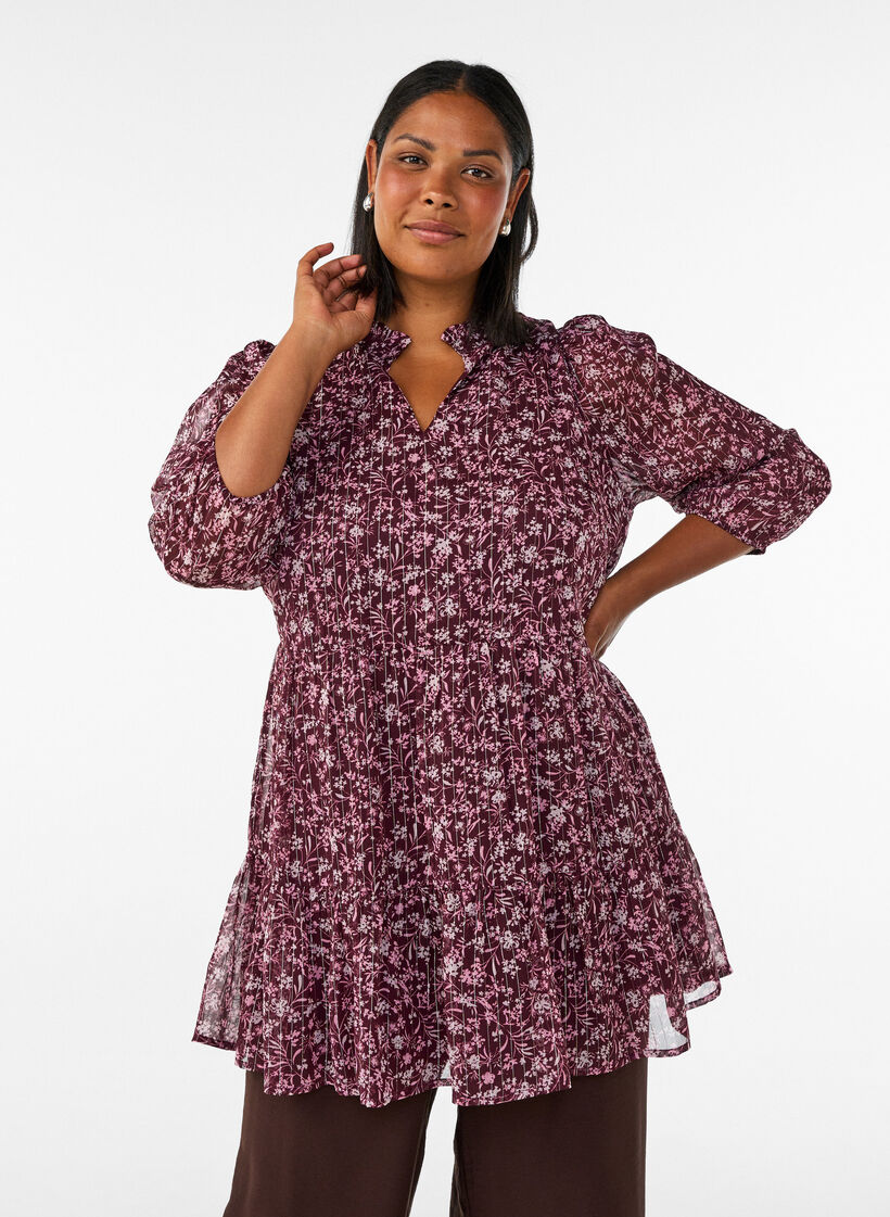 Tunika med blomsterprint og glittertr&aring;de, R&oslash;d, Model image number 0