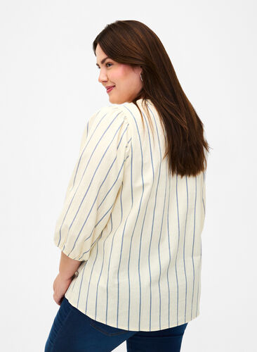 3/4 ærmet bluse i bomuld med striber, Eggnog Stripe, Model image number 1
