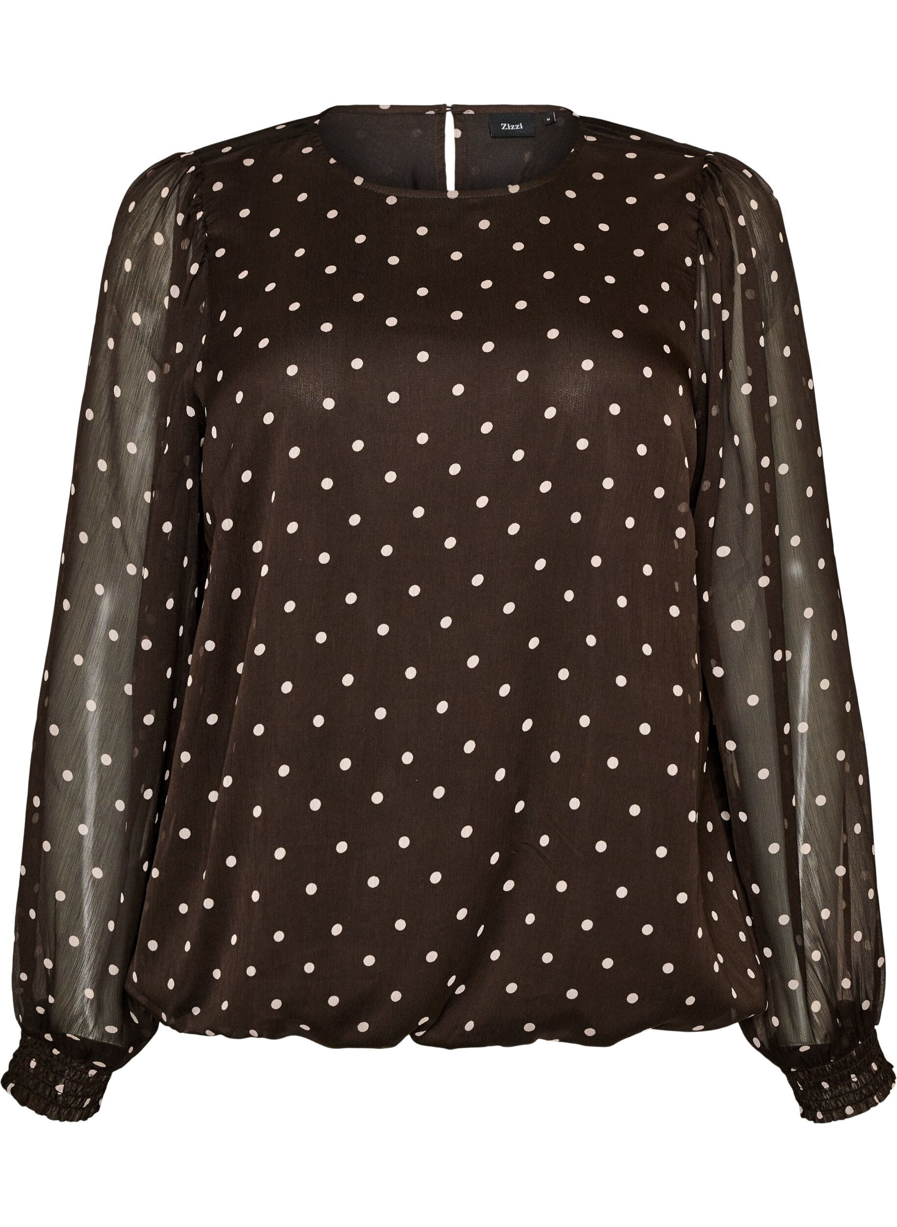 ZizziPrikket chiffonbluse med transparente &aelig;rmer, Brun, Packshot image number 0