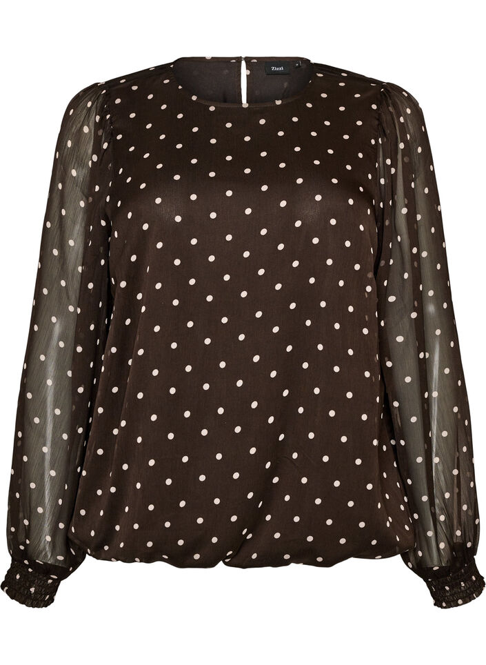 Prikket chiffonbluse med transparente &aelig;rmer, Brun, Packshot image number 0