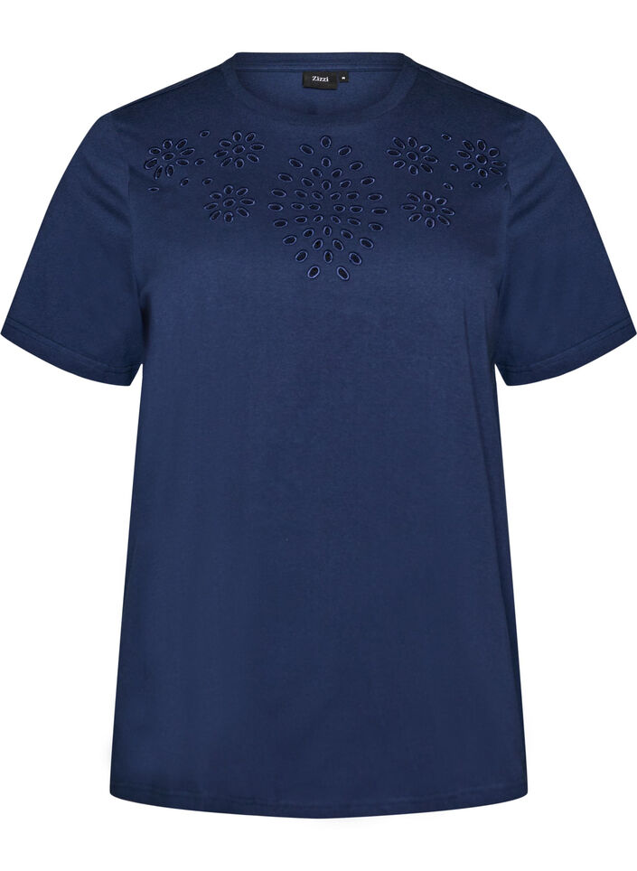 T-shirt i &oslash;kologisk bomuld med hulbroderi, Bl&aring;, Packshot image number 0