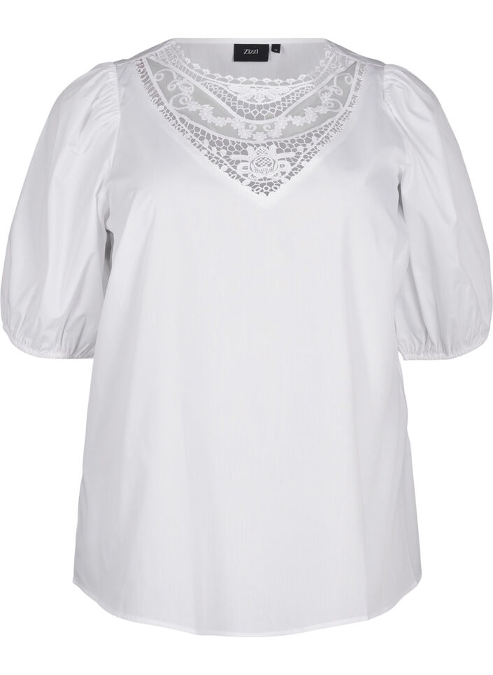 Kortærmet bluse med blondedetalje, Bright White, Packshot image number 0