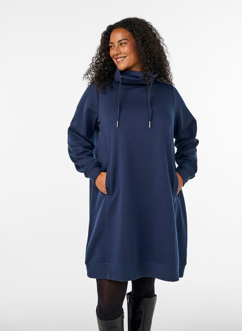 Kort sweatkjole med h&oslash;j krave og lommer, Bl&aring;, Model image number 0