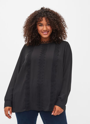 Langærmet bluse med blonder, Black, Model image number 0
